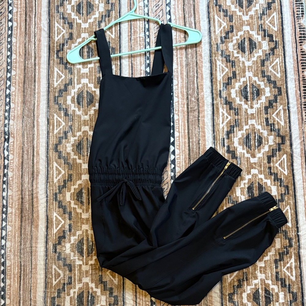 Albion Black Petite Adjustable Jumpsuit with Gold Zipper Accents
